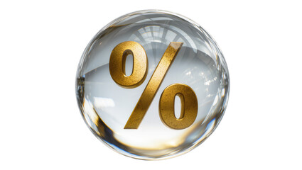 Obraz premium Golden percentage symbol inside a clear glass sphere, isolated on transparent background