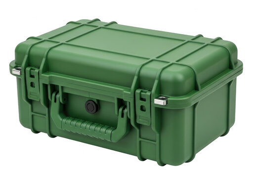 Durable green hard-shell tactical storage case for secure transport isolated on transparent background