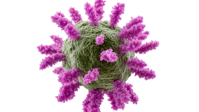 Green textured spherical virus with purple spike proteins, isolated on transparent background