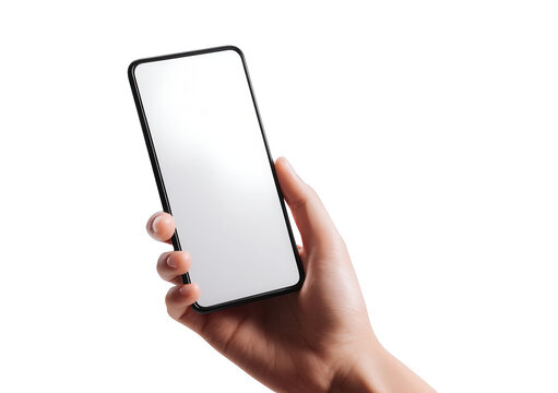 person's hand holding smartphone from high angle isolated on transparent background