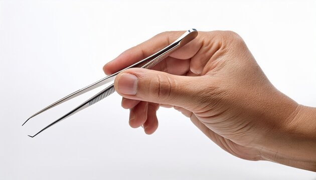 a hand holding tweezers isolated white background