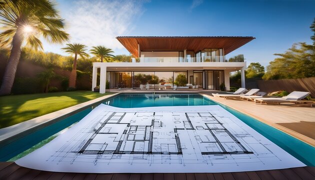architectural blueprints for a contemporary house are laid out by a sparkling pool implying the design process for a luxury home