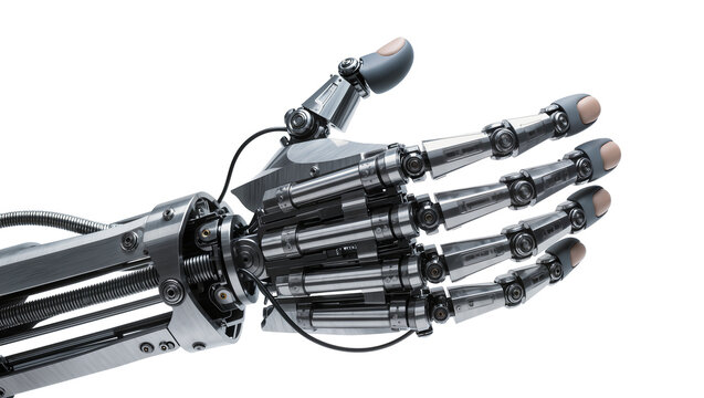 Detailed metallic robotic hand with articulated fingers, isolated on transparent background