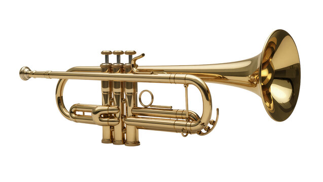 Shiny brass trumpet with three valves, isolated on transparent background