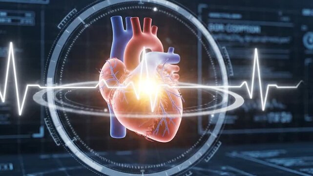 3D animation of a beating human heart with futuristic medical HUD interface, glowing EKG heartbeat line, and digital data. Cardiology, advanced diagnostic, and health care technology concept.