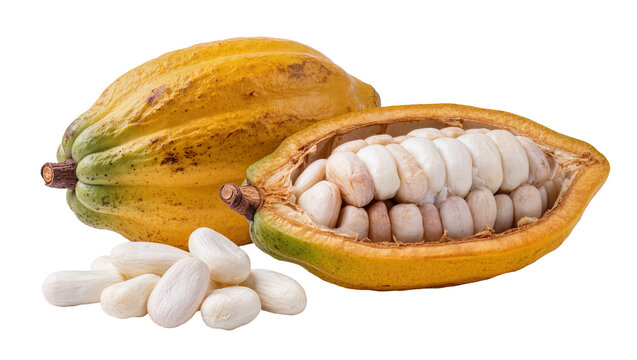 Yellow cocoa pod cut open revealing white beans with loose beans, isolated on transparent background