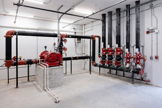 Indoor mechanical room with water pump for fire protection system