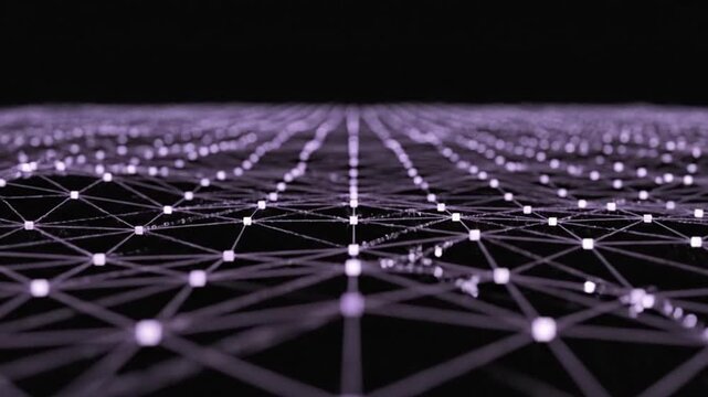 Glowing light nodes connected by thin lines forming a complex digital network structure floating against a deep black background field