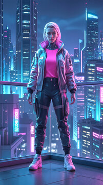 Cyberpunk character standing on high-rise balcony overlooking neon city at night. Young woman in tactical streetwear posing against urban skyline.
