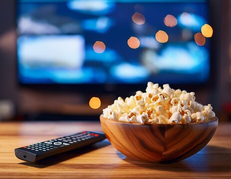 a wooden bowl of popcorn and remote control in the background the tv works evening cozy watching a movie or tv series at home