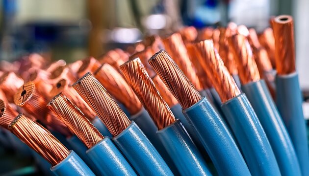 the copper cable ends closeup in an industrial electrical wiring workshop