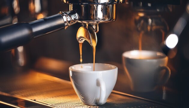 the espresso cup beneath a commercial espresso machine pouring a fresh espresso shot
