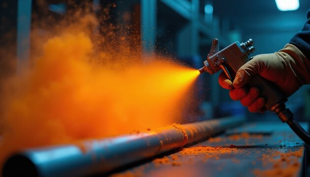 Worker sprays bright orange powder coating on metal pipe using spray gun. Fine particles drift in air during workshop manufacturing process for durable finish.