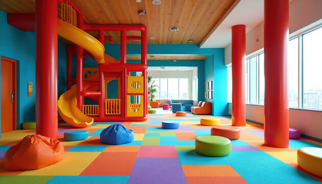 Bright hotel playroom has large colorful playground structure and soft floor seating. Kids lounge area features slides, climbing frame, bean bags, and comfortable sofas near large windows.