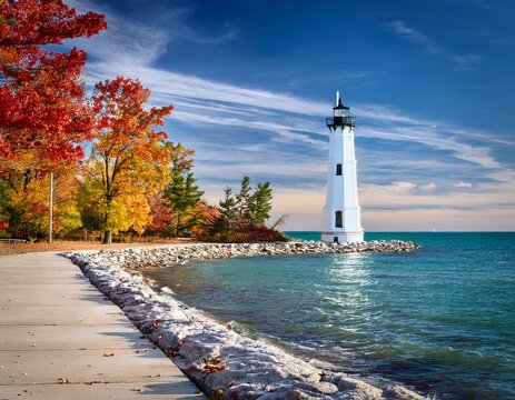 marblehead lighthouse state park on lake erie marblehead ohio on a fall day