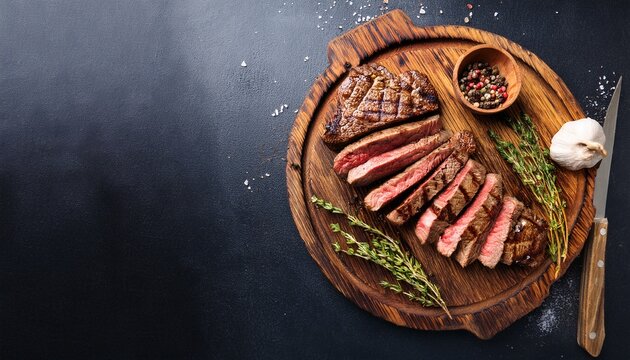 sliced steak ribeye grilled with pepper garlic salt and thyme served on a wooden cutting board on a dark stone background top view with copy space flat lay