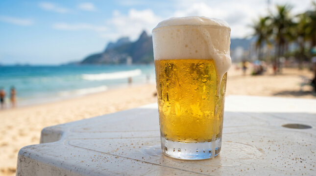 A cold, condensation-covered glass of golden beer with thick white foam sits on a white beach table. In the blurred background, a sunny beach, blue ocean, and mountains are visible.