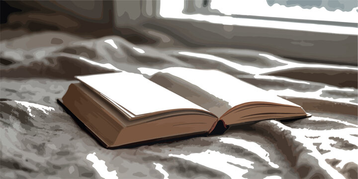 Classic open hardcover book resting on rumpled fabric surface with soft shadow and bright window light source.