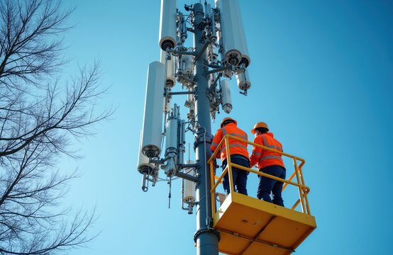 Two workers in orange vests, helmets ascend cell tower on yellow platform lift. Work on antennae, communication equipment against clear blue sky. Technicians install, maintain modern telecom
