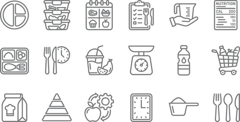 Diverse food and nutrition icons representing healthy eating, meal preparation, and dietary tracking. © Septarim