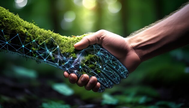 the handshake between a moss hand and a glowing digital network hand