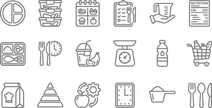 Diverse food and nutrition icons representing healthy eating, meal preparation, and dietary tracking.