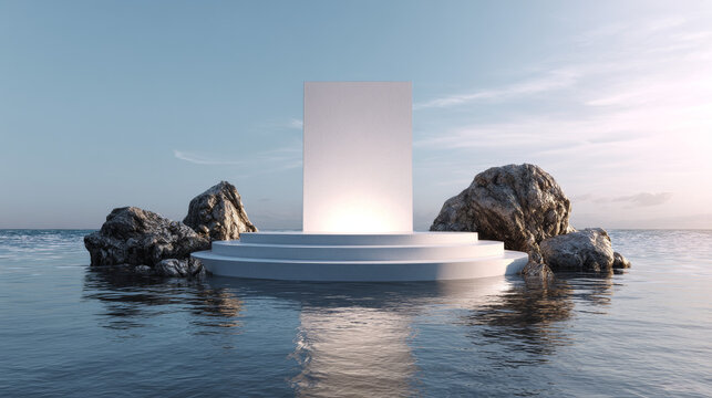 natural podium display on water with rocks, empty minimal pedestal for product showcase, 3D Rendering