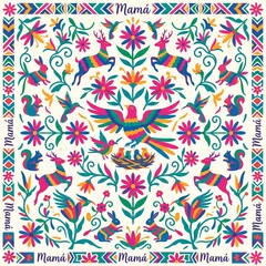 Obraz premium Otomi Mexican embroidery style pattern with animals and flowers for Mother's Day