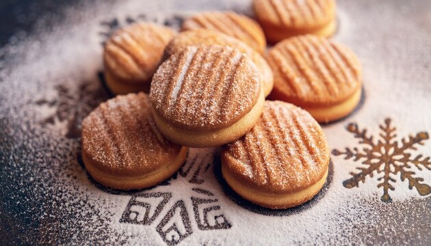 close up of crispy honey cookies with sugar dusting on decorative pattern