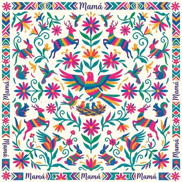 Otomi Mexican embroidery style pattern with animals and flowers for Mother's Day
