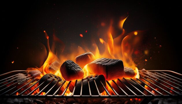 barbecue grill embers with flames and abstract sparks grid and fire on charcoal in black background