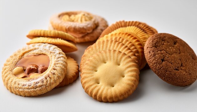 assorted biscuit cookies displayed on white surface for snacks or dessert