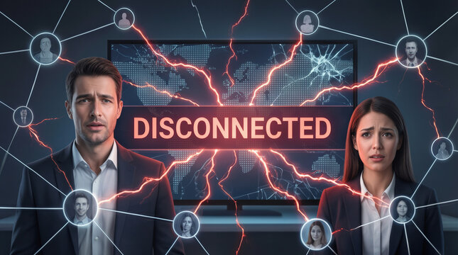 Business professionals looking concerned beside screen displaying disconnected message. Digital network failure and global communication breakdown concept.