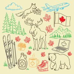 Fototapeta premium Canada Day hand drawn doodle set. traditional symbols, food and landmarks. Celebrates Canadian culture, patriotism and national identity through festive.