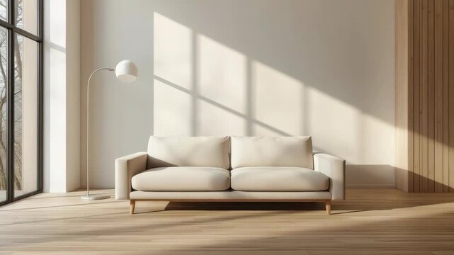 Neutral beige sofa sunlit minimalist living room with wooden floor and floor lamp casting warm