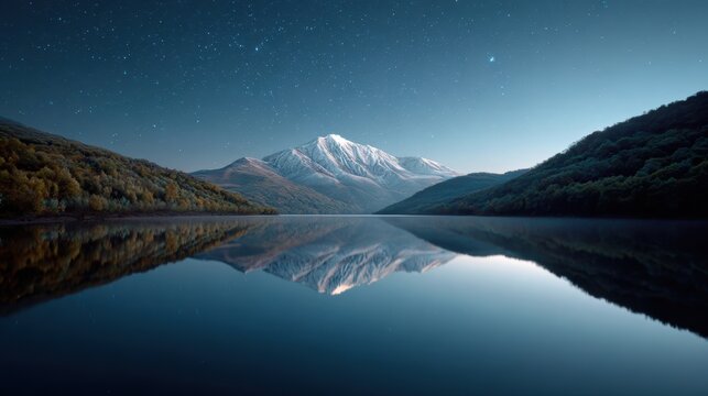 満天の星が輝く夜空の下、穏やかな湖面に雪をかぶった雄大な山が美しく映し出されている。周囲の森に囲まれたこの夜の湖と雪山は、静寂で神秘的な自然の美しさを表現している
