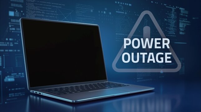 System failure warning indicating a power outage next to a laptop with a blank screen. Concept for electrical grid instability and technical shutdown.