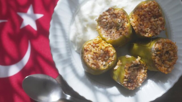 Close-up of Aegean style stuffed grape leaves on the Turkish flag