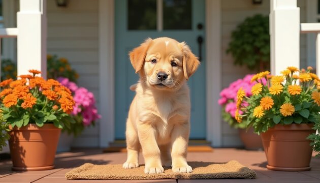 Golden retriever puppy sits on porch mat before house door. Colorful flowers in pots frame cute dog on sunny day. Adorable young canine waits outside home, looks at camera with innocent eyes.