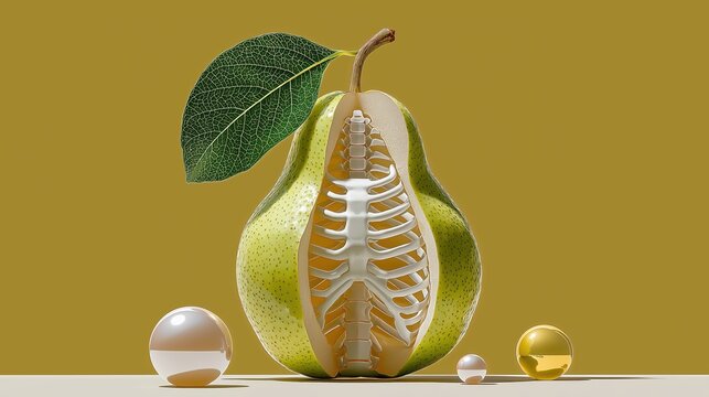 Surreal concept of a green pear cut in half revealing a human ribcage and spine inside. Bone health, diet, medical nutrition and anatomy metaphor