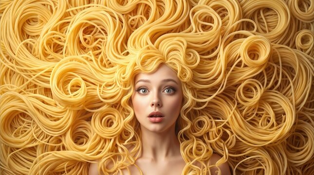 Wide-eyed face framed by swirling cooked spaghetti noodles. Creative food art concept featuring noodles as hair.