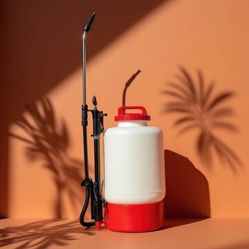 Backpack garden sprayer with red base and white tank stands against orange wall. Palm leaf shadows cast on background. Agricultural equipment for garden care and plant treatment.