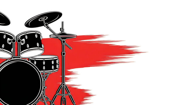 Black drum set with red splash background, dynamic and vibrant musical scene