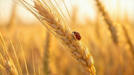 Fototapeta premium Seven-spot ladybug climbing on ripe wheat ear in golden field. Sustainable farming and pest control concept.