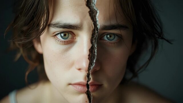 Young woman cracked face closeup emotional split down middle expressing vulnerability