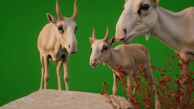 Saiga Antelope Family Group 3D Render on Green Screen. 4k Video
