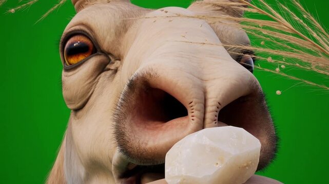 Extreme CloseUp 3D Saiga Antelope Face with Green Screen Background. 4k Video