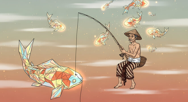 A man in traditional attire fishing for a giant glowing polygonal fish while smaller golden fish fly in a mystical sky.