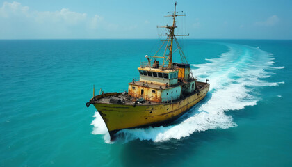 Obraz premium Old yellow fishing boat sails on bright blue sea leaving white foamy trail. Weathered vessel with rust shows aged construction navigating ocean waters on a clear day.