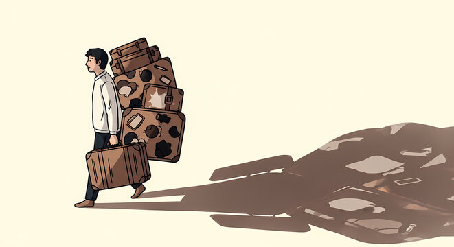 A person carrying a heavy stack of luggage with a long, fragmented shadow stretching behind them, symbolizing burden or a difficult journey.